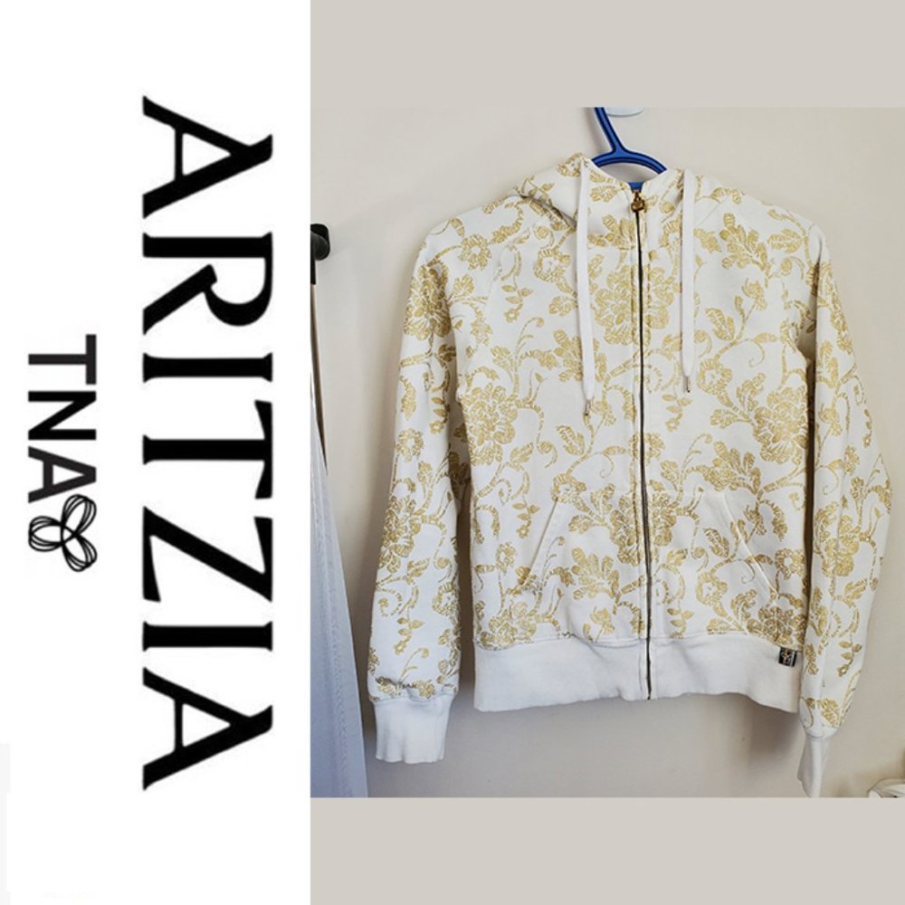 TNA Fleece Retro/Vintage Patterned Zip Up Hoodie in White & Gold